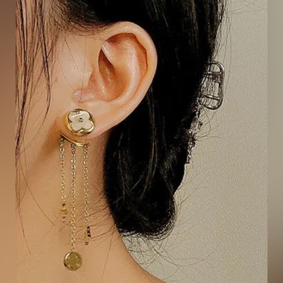 18K Gold 2 In 1 Designer Inspired Clover & Flower Drop Dangle Jacket Earrings - Picture 4 of 4